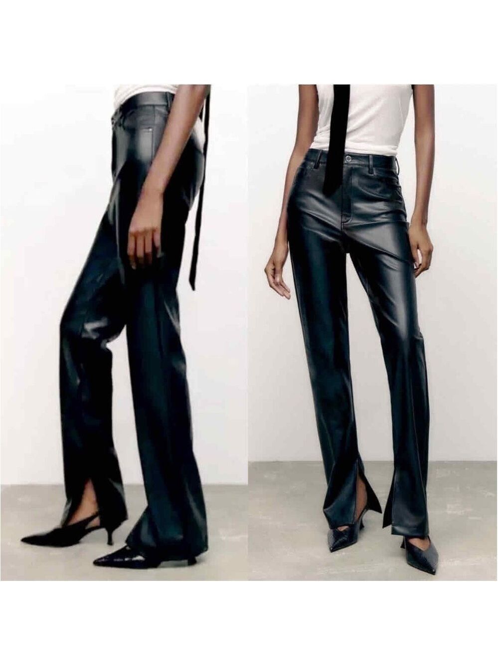 Zara Black faux leather pleather vegan high-rise pants slit ankle hem Sz 2 NWOT